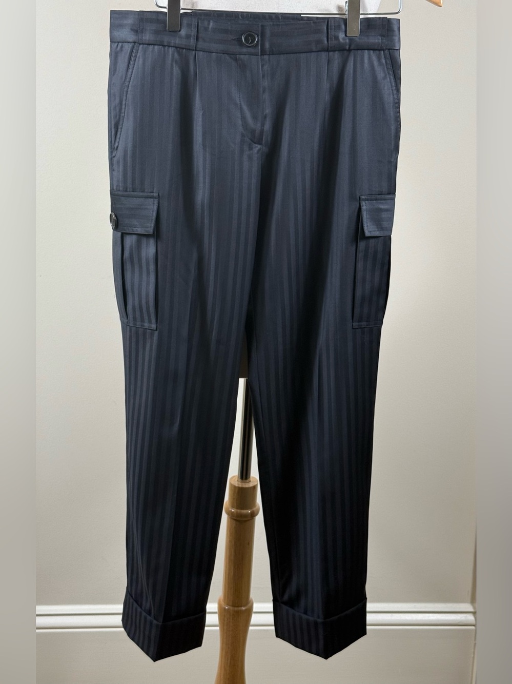 Barbara Bui Black Striped Wool Cargo Trousers 38 2/4 NWOT